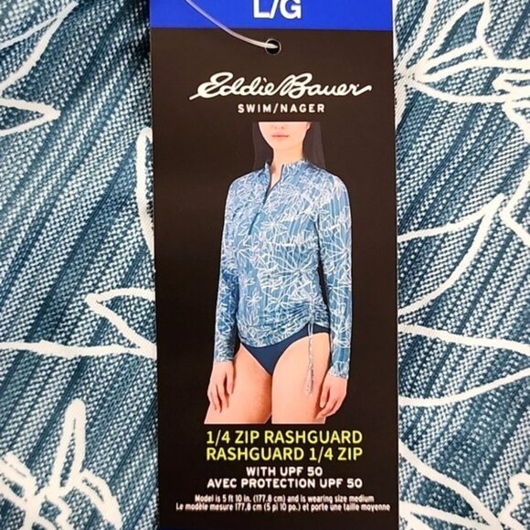 NWT Eddie Bauer Women Swim Top Teal Tropical Print 1/4 Zip Rashguard UPF 50 Sz L - Picture 3 of 14